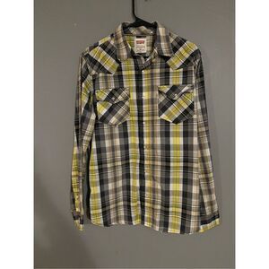 Levi's 2 Pocket Plaid Black Yellow Gray Pearl Snap Western Shirt Sz M